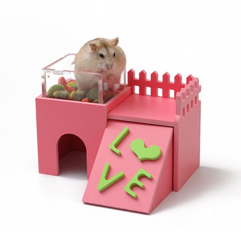 Mini Wooden Double-layer Environment-friendly Villa with Acrylic Feeder Shape Sleeping Nest Toy for Hamster Pet Pink_Castle restaurant