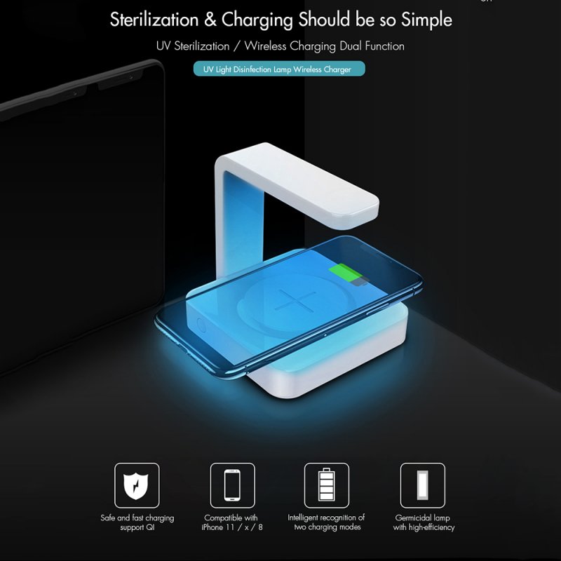 Mobile Phone UV Lamp Sterilizer Portable Smart Wireless Charging Cathode Ultraviolet Sterilization Disinfection white