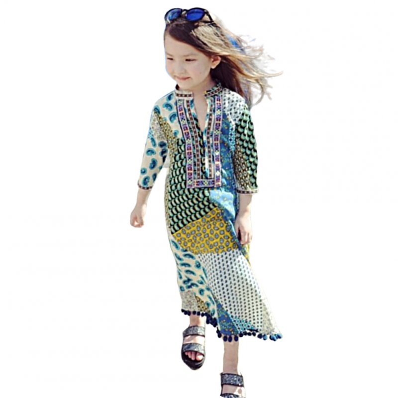 Mom and Girl kid Suits Dress Bohemian Seven-Sleeve Long Skirt for Travel  sea blue_130(8-9Y)