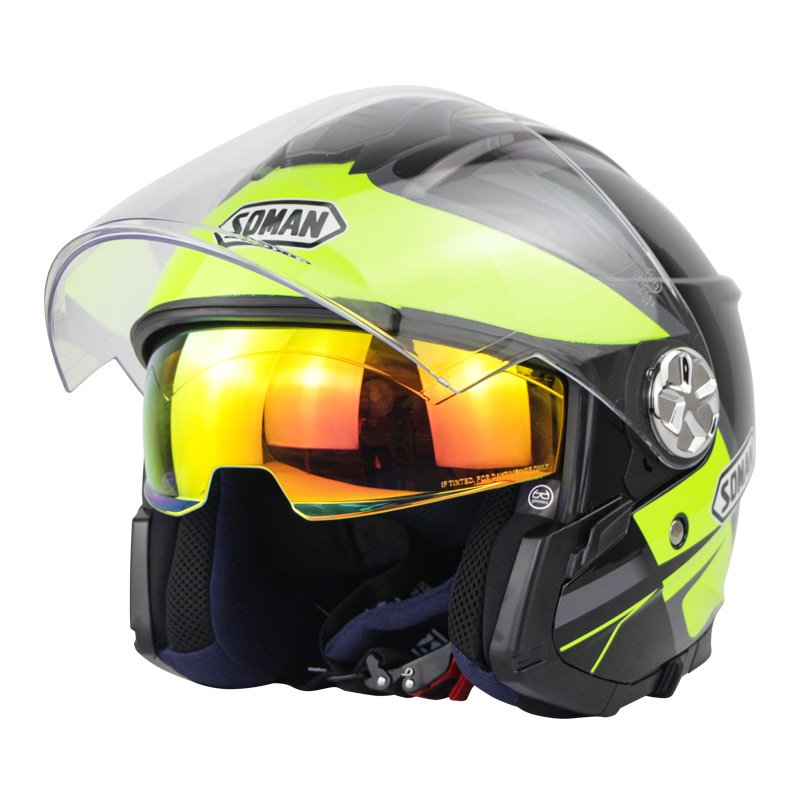 Motorcycle Helmet 3/4 Electrical Helemets Dual Visor Half Face Motorcycle Helmet   Black fluorescent green lightning_L