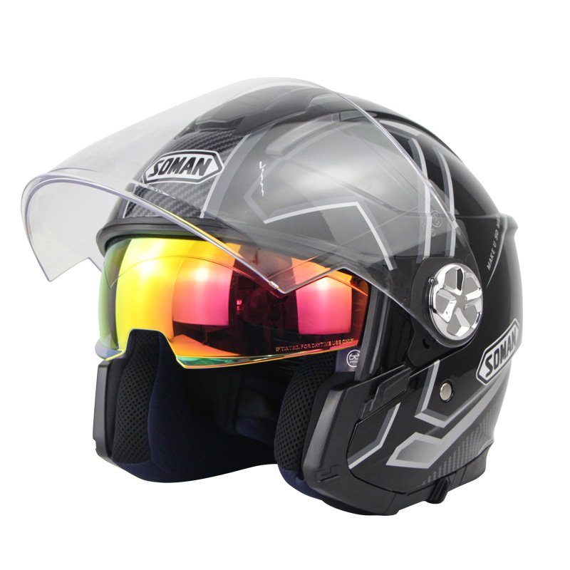 Motorcycle Helmet 3/4 Electrical Helemets Dual Visor Half Face Motorcycle Helmet   Black Silver Sky Array_XL
