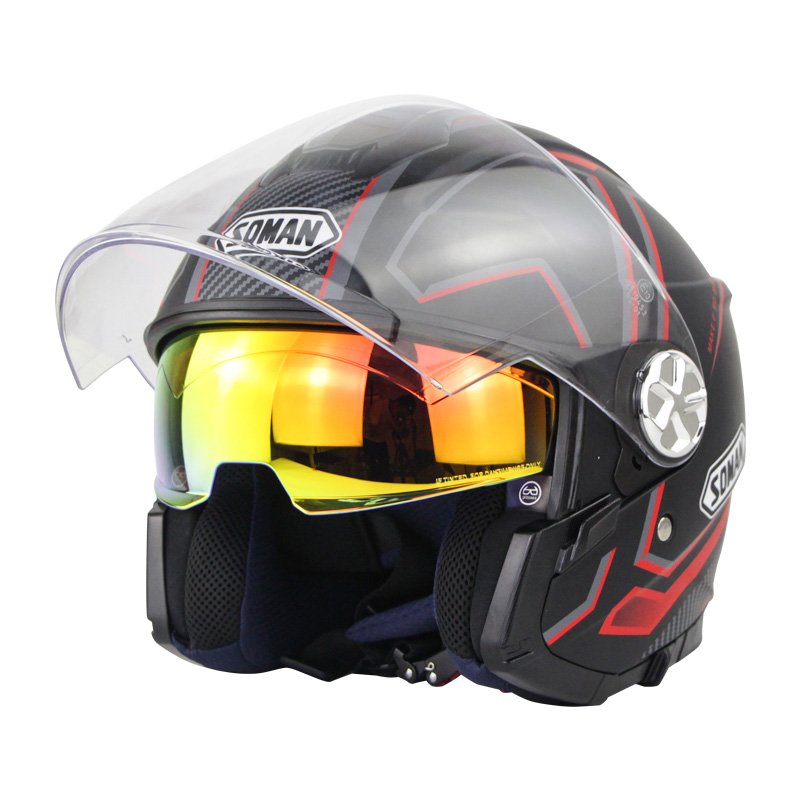 Motorcycle Helmet 3/4 Electrical Helemets Dual Visor Half Face Motorcycle Helmet   Black and red sky array_M