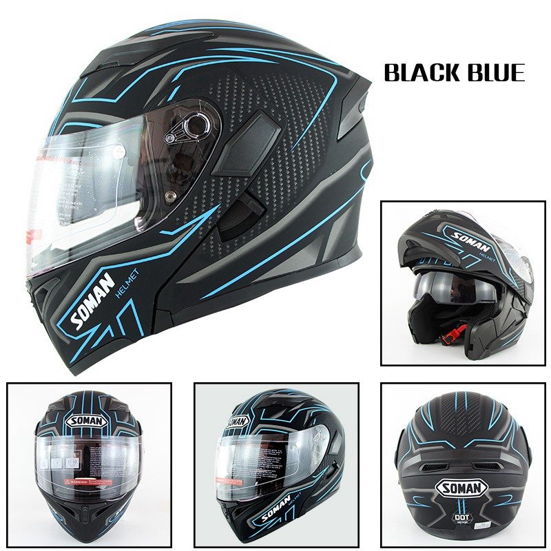Motorcycle Helmet Unisex Double Lens Uncovered Helmet Off-road Safety Helmet Matte black and blue lines_XL