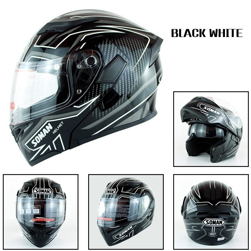 Motorcycle Helmet Unisex Double Lens Uncovered Helmet Off-road Safety Helmet Bright black and white lines_XXL