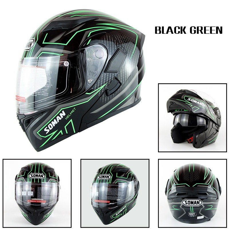 Motorcycle Helmet Unisex Double Lens Uncovered Helmet Off-road Safety Helmet Bright black and green lines_S