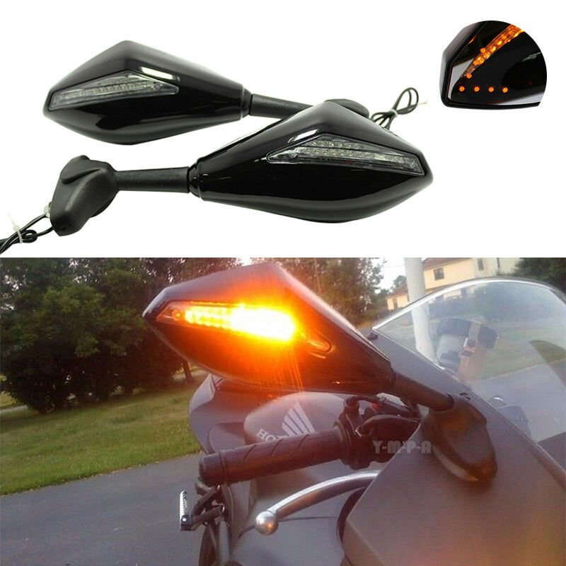 Motorcycle Rearview Mirrors Led Turn Signal Integrated Indicator Lights Rear View Side Mirrors black