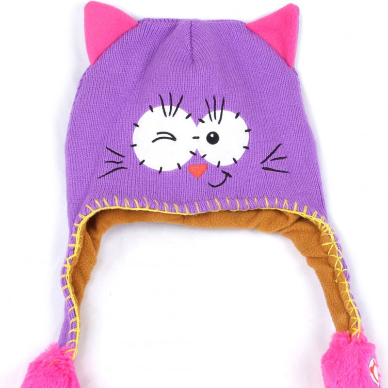 Moving Ears Hat Infant Bomber Hat Sweet Cute Knitted Cartoon Wool Hat Purple Cat_OPP packaging