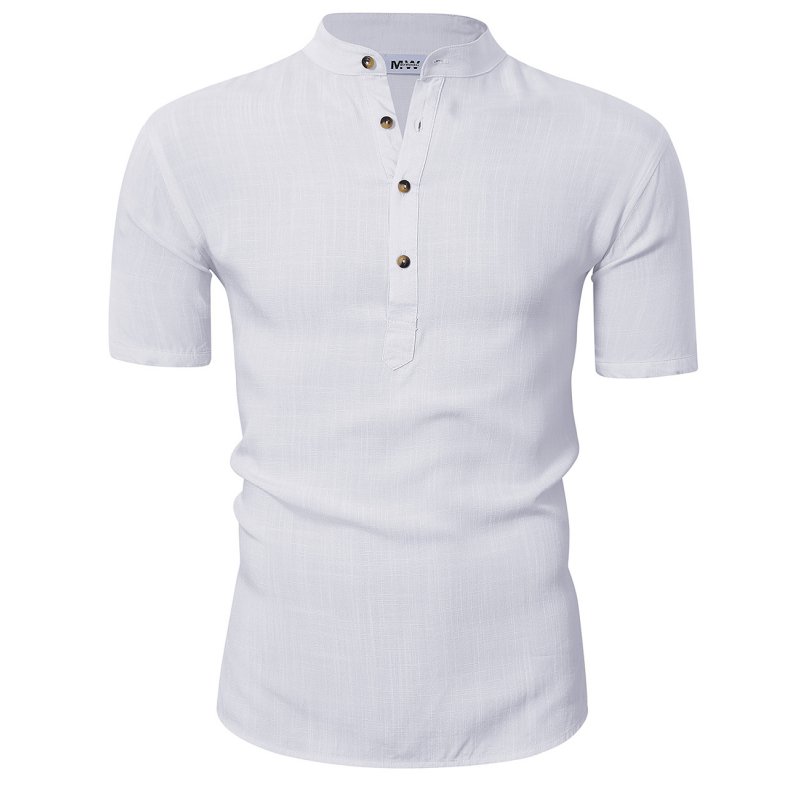 MrWonder Men Casual Henley Neck Short Sleeve Linen Shirt