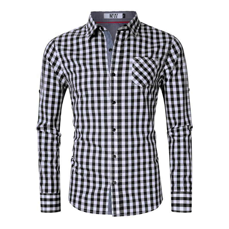 MrWonder Men's Slim Fit 100% Cotton Button Down Long Sleeve Plaid Shirt Black and white grid_L