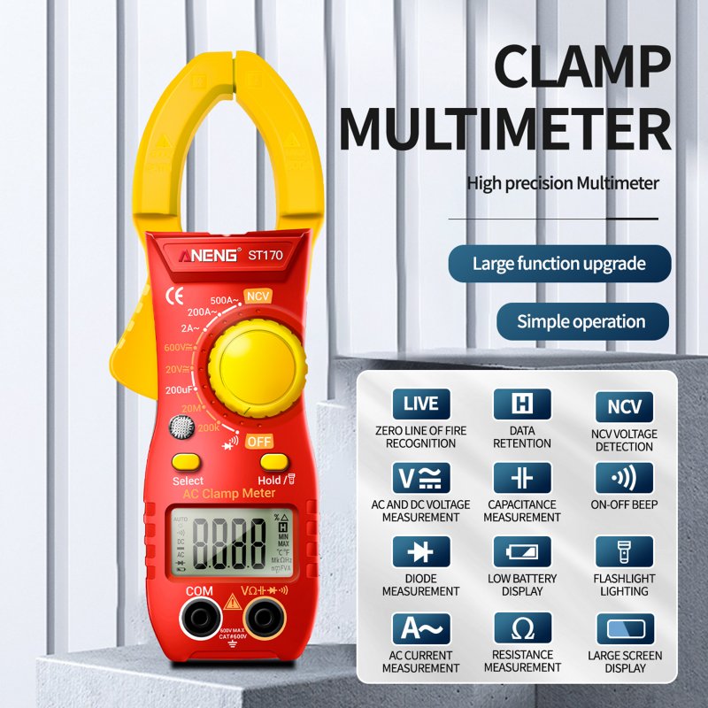 ANENG St170 Clamp Meter Digital Multimeter 500A AC Current AC DC Voltage Tester 1999 Counts Capacitance Ncv Ohm Detection 
