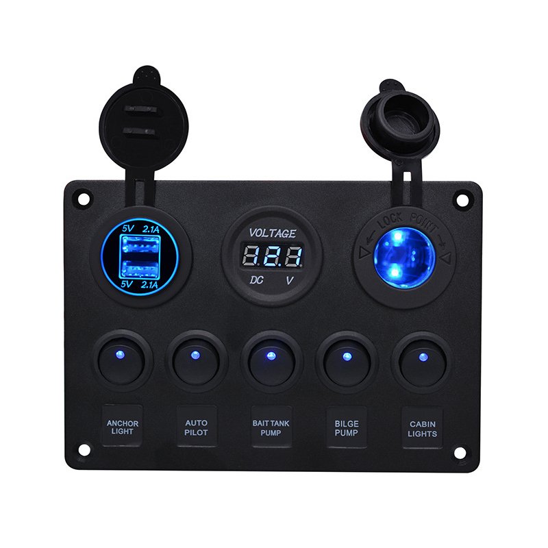 Multi-function 5 Gang Rocker Dual Usb Charger + Digital Volmeter +12v Outlet Pre-wired Switch Panel With Circuit Breakers Round Illuminated Switch+Cigarette Lighter Base+Dual USB+Voltmeter Combination Panel [Blue]