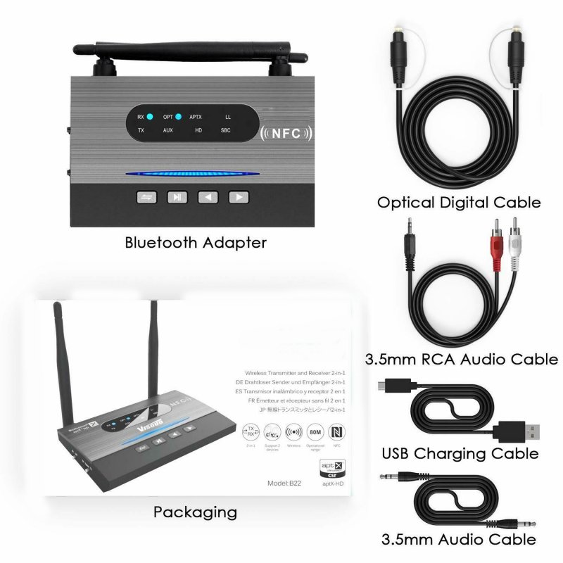 NFC 262ft/80m Long Range Bluetooth 5.0 Transmitter Receiver 3in1 Music Audio Adapter Low Latency aptX HD Spdif RCA AUX 3.5mm TV As shown