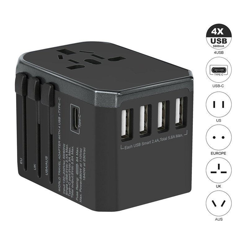 Type-C Universal World Travel Power Adapter Wall Charger Conversion Socket with US UK EU AU Plugs blue_White box