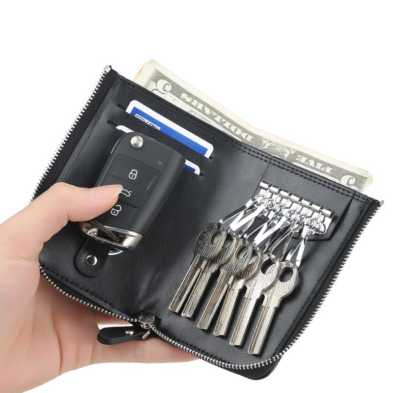 Men Short Zipper Wallet Portable Leather Key Case with Cards Slot 
