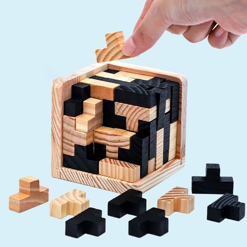 54T Creative 3D Wooden Cube Puzzle Luban Lock Tetris Educational Toys for Kids Brain Teaser Toy