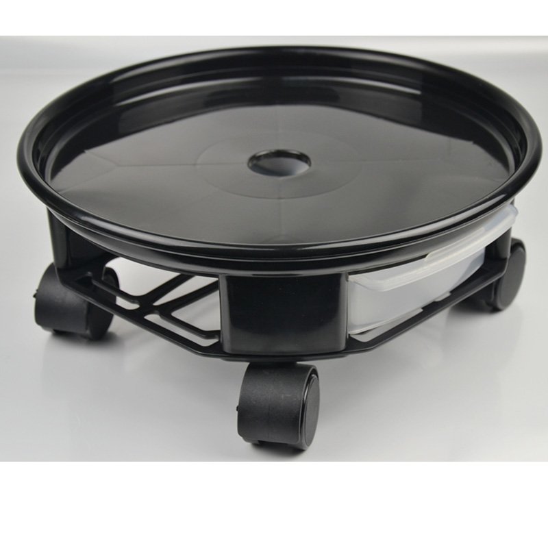 Natural Resin Round Plant Trolley with Caster Wheels And Water Drawer Black_4 # brake wheel