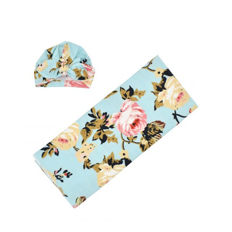 Newborn Photography Blanket Rabbit Ear Cap Blanket set Floral Printing Headgear Blanket set Light blue blankets with flower_80*80