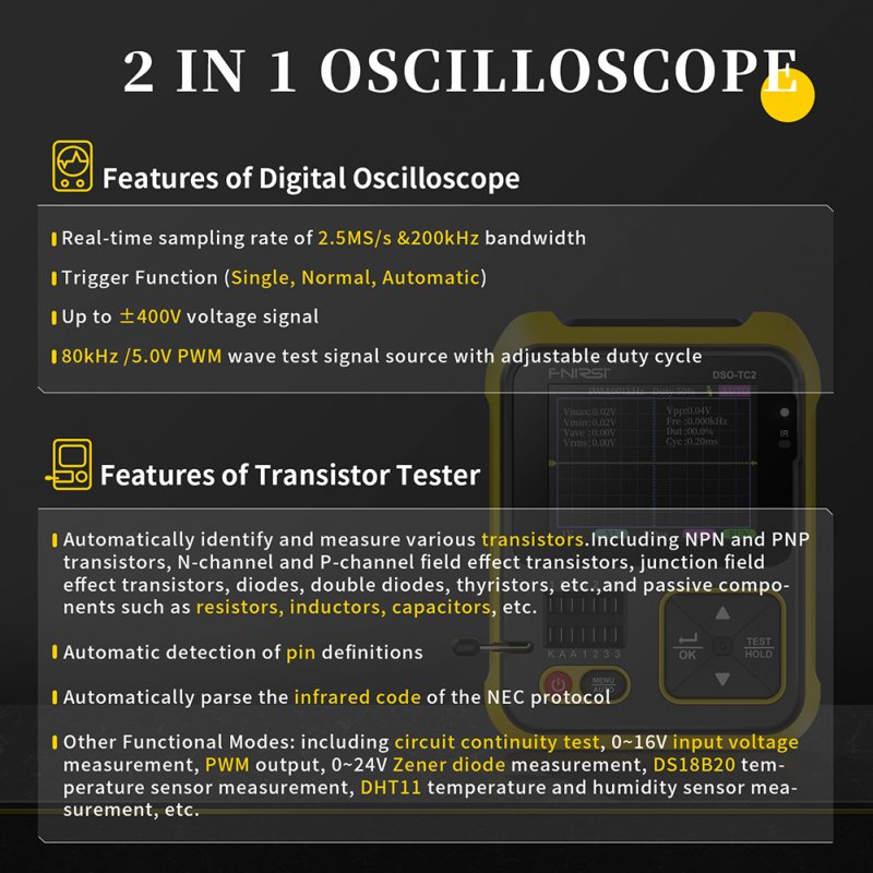 FNIRSI DSO-TC2 Digital Oscilloscope Portable Handheld Lcr Meter 2-in-1 Electronic DIY Testing Teaching Multi-function