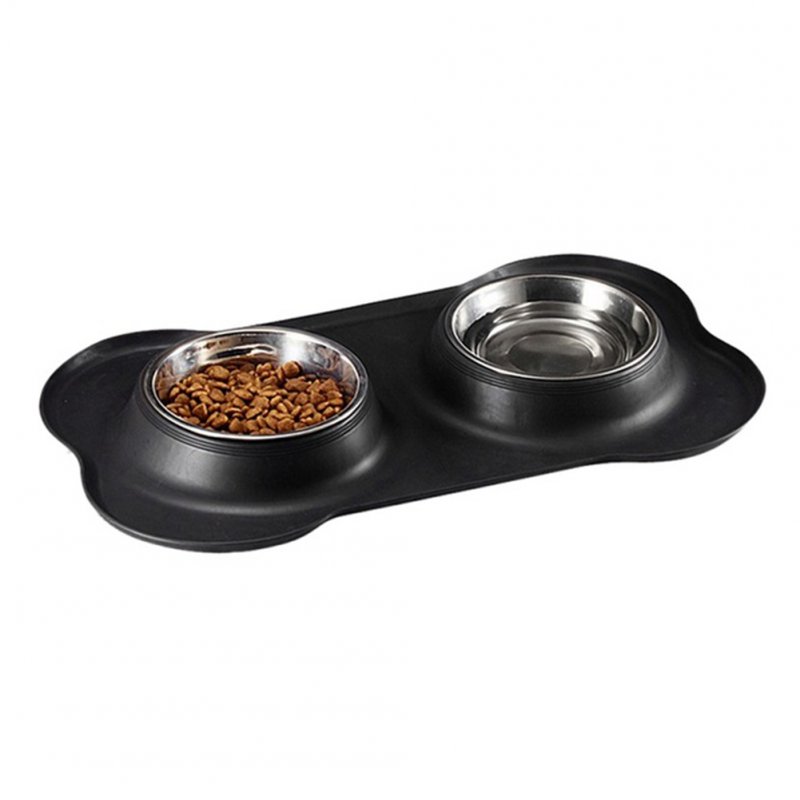 Nonslip Bone Shaped Double Bowl Food Water Feeder Feeding Dishes for Pet Dog Supplies black_46*27cm