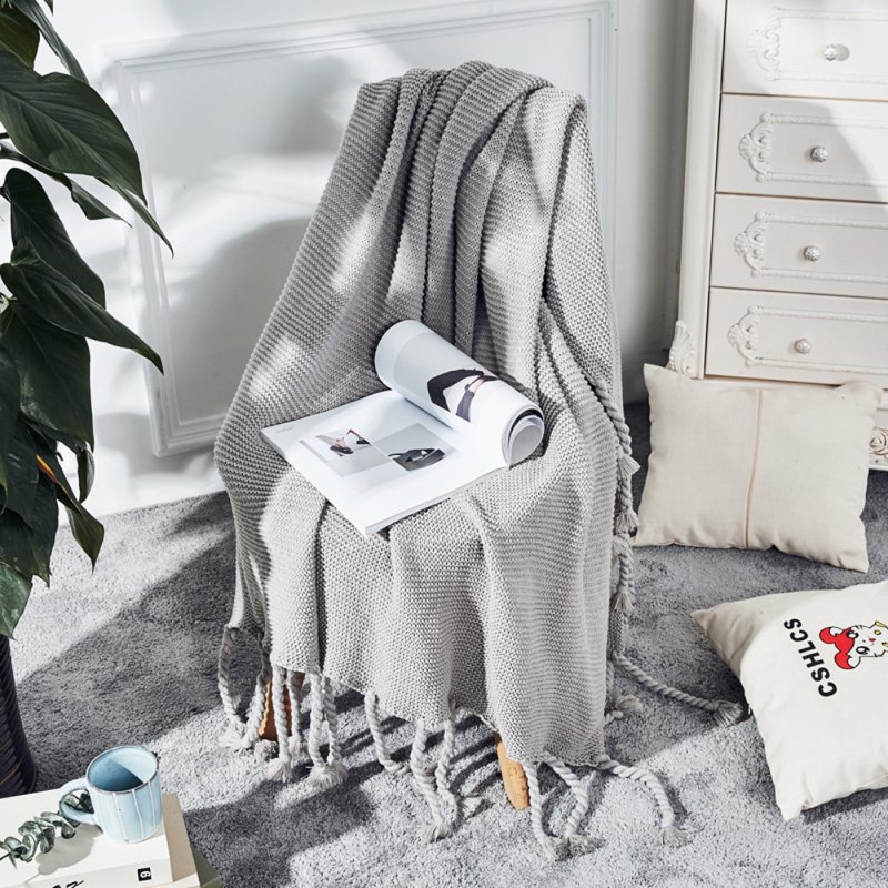 Nordic Style Throw Blankets with Knitted Tassels for Sofa Sleeping Bed End Cover Light gray