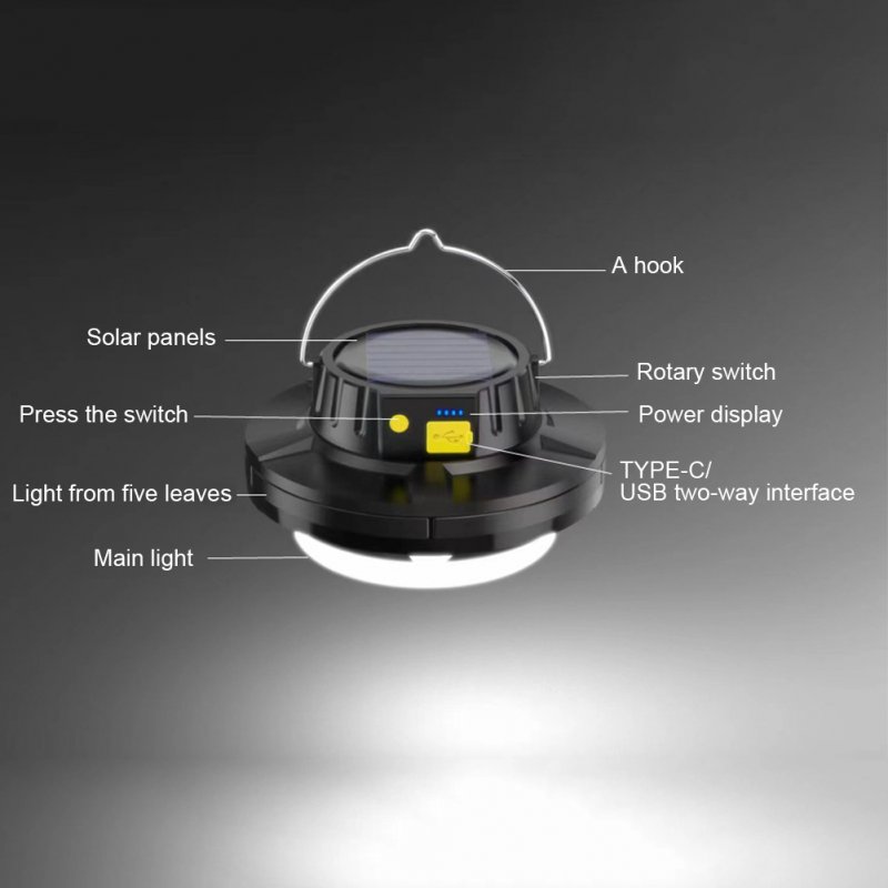 Solar Camping Light 5 Leaves Rotating Usb Rechargeable Tent Lantern Portable Emergency Work Lamp 