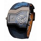 OULM Men`s Military Oversize Multi TimeZones 2 Dials Leather Analog Sports Wrist <span style='color:#F7840C'>Watch</span> HP1220B Blue Band Blue Face