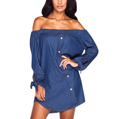 Wholesale Off Shoulder Denim Bowknot Dress With Long Sleeves Gift
