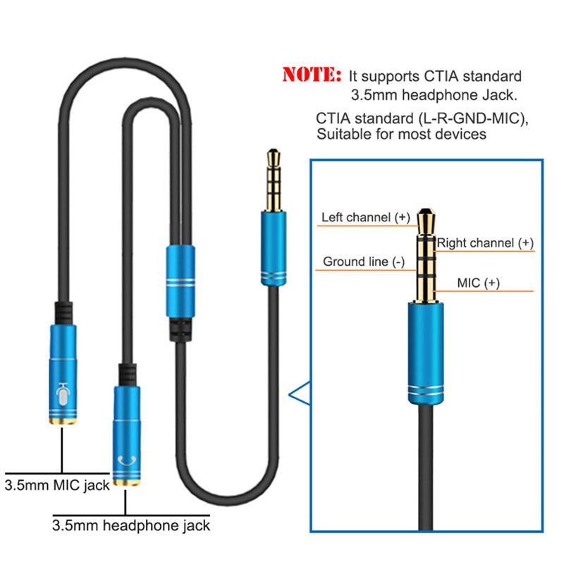 2 in 1 3.5mm Headphone Mic Audio Y Splitter Cable Male to Dual Female Converter Adapter 