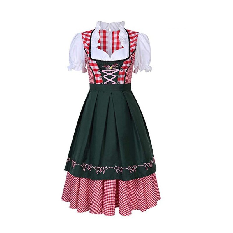 Oktoberfest Costume Bavarian Plaid Dress Halloween Party Maid Costume Dark green_XXL=42