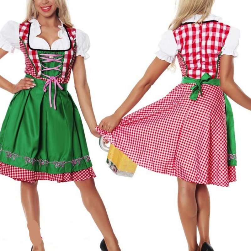 Oktoberfest Costume Bavarian Plaid Dress Halloween Party Maid Costume Bright green_S=34
