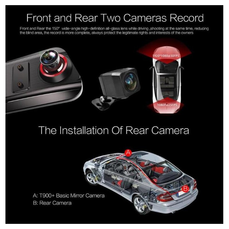 9.66 Inch Touch Car Rearview Mirror DVR Camera 2.5D IPS 1280*480 screen + full screen touch Support 1080p front recording 2MP camera 9.66 inch screen Dashcam dash cam T900 