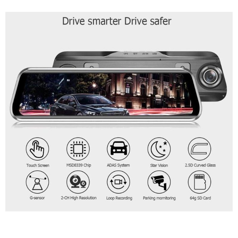 9.66 Inch Touch Car Rearview Mirror DVR Camera 2.5D IPS 1280*480 screen + full screen touch Support 1080p front recording 2MP camera 9.66 inch screen Dashcam dash cam T900 