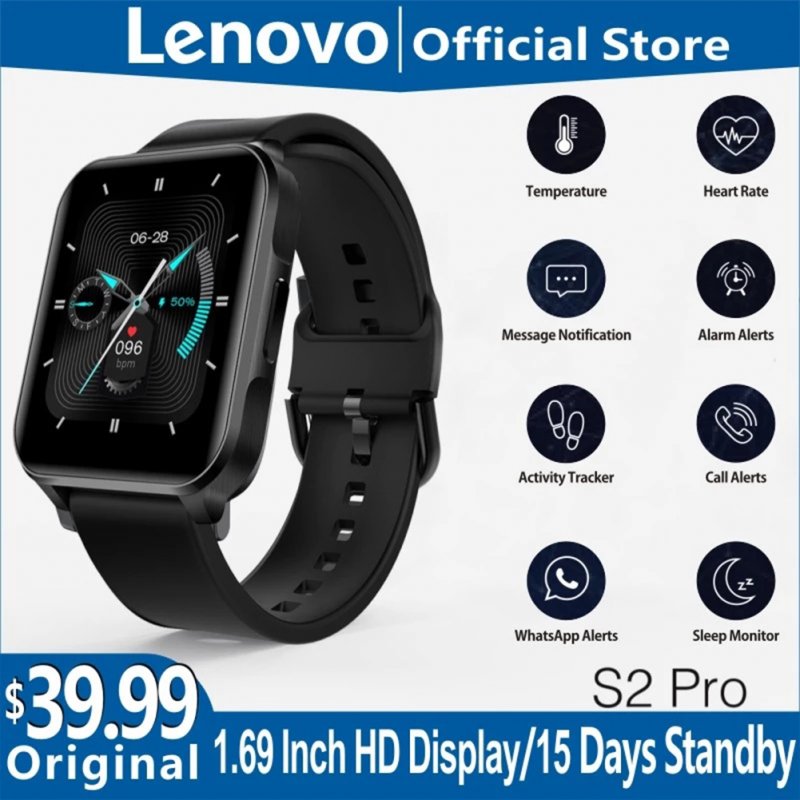 Original LENOVO S2 Pro Smartwatch 1.69-inch Hd Screen Waterproof Fitness Heart Rate Sleep Monitoring Smart Watch black