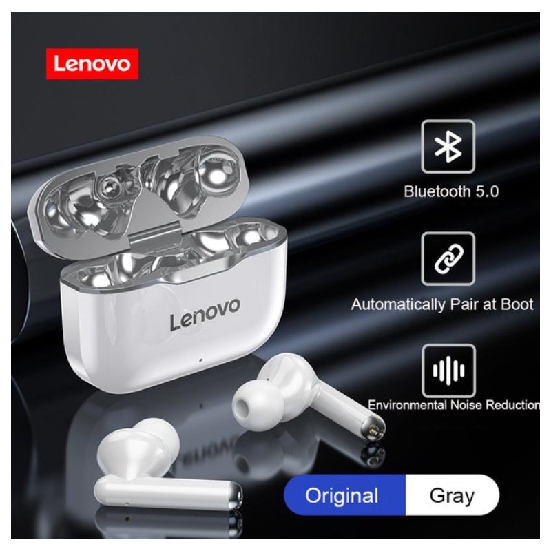 Original LENOVO Wireless Earphones Bluetooth 5.0 TWS LP1 Earbuds 9D Stereo Sound Noise Reduction IPX4 Headsets With Mic  gray