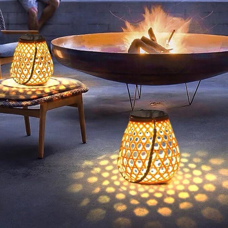 Outdoor Solar Lantern Lights Waterproof, 3000K High Brightness Hanging Imitation Bamboo Weaving Hollowed Table Lamp, Decoration For Garden Patio Boho Wedding warm white light
