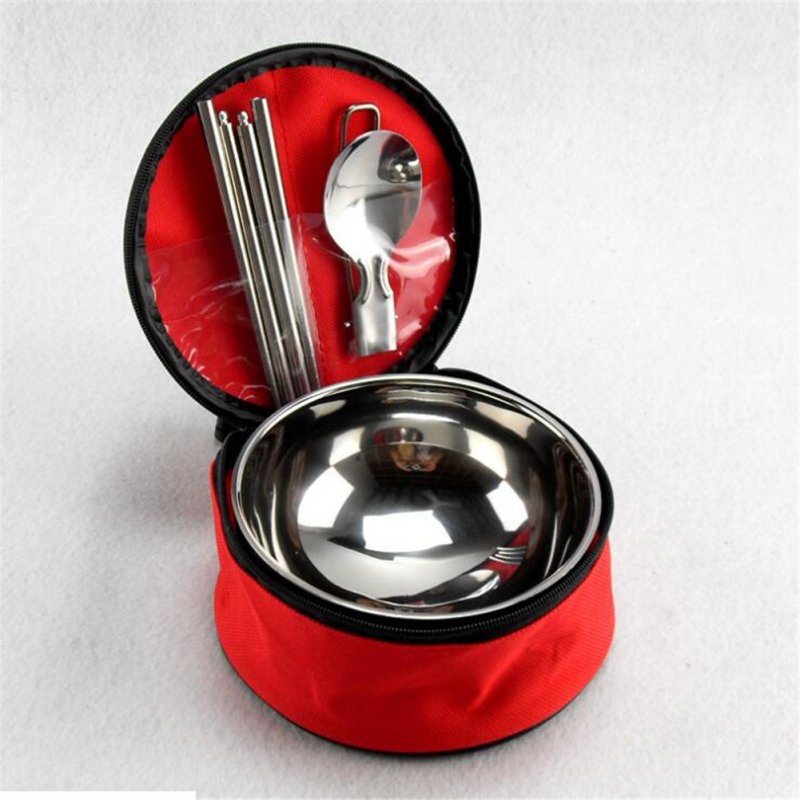 Outdoor Stainless Steel Tableware Set Spoon Chopsticks Double Insulated Bowl with Portable Bag red