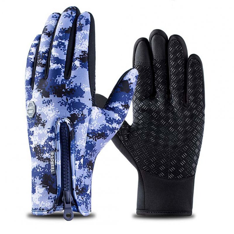 Outdoor Waterproof Camouflage Sports Touch Screen Ski Gloves Hiking Fishing Full Finger Zipper Gloves Blue camouflage_L