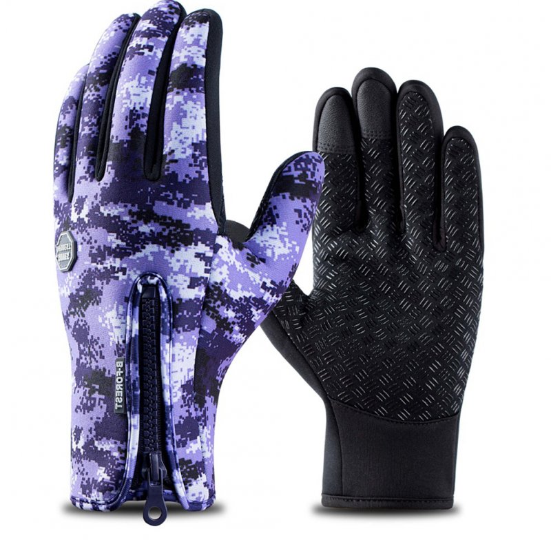 Outdoor Waterproof Camouflage Sports Touch Screen Ski Gloves Hiking Fishing Full Finger Zipper Gloves Purple camouflage_S