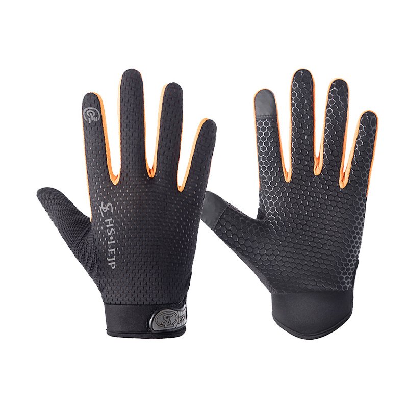 Outdoor gloves Sports Anti Slip Breathable Road Gloves Outdoor Cycling Full Finger Gloves Bicycle Motorcycle Riding Black+orange_M
