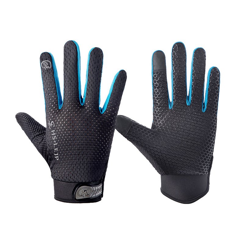 Outdoor gloves Sports Anti Slip Breathable Road Gloves Outdoor Cycling Full Finger Gloves Bicycle Motorcycle Riding Black+blue_M