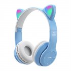 P47 Kids Headphones With Cat Ear RGB Led Light Up Foldable Over-Ear Headphones With AUX 3.5mm Wireless Headset Blue and white