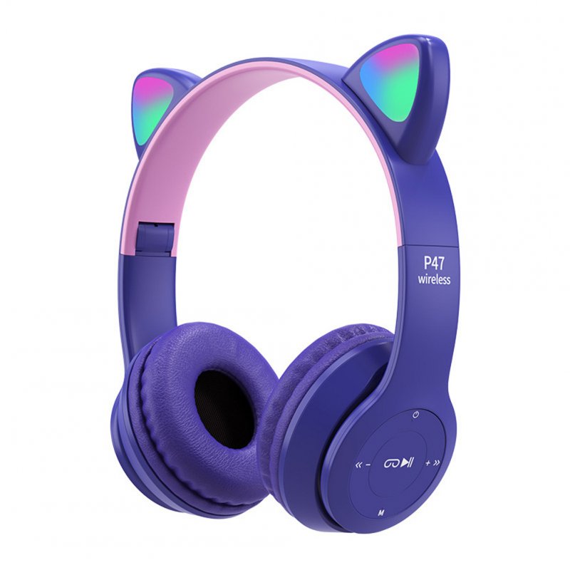 P47m Cute Cat Ears Luminous Head-mounted Headphones Wireless Bluetooth Game Headset Purple