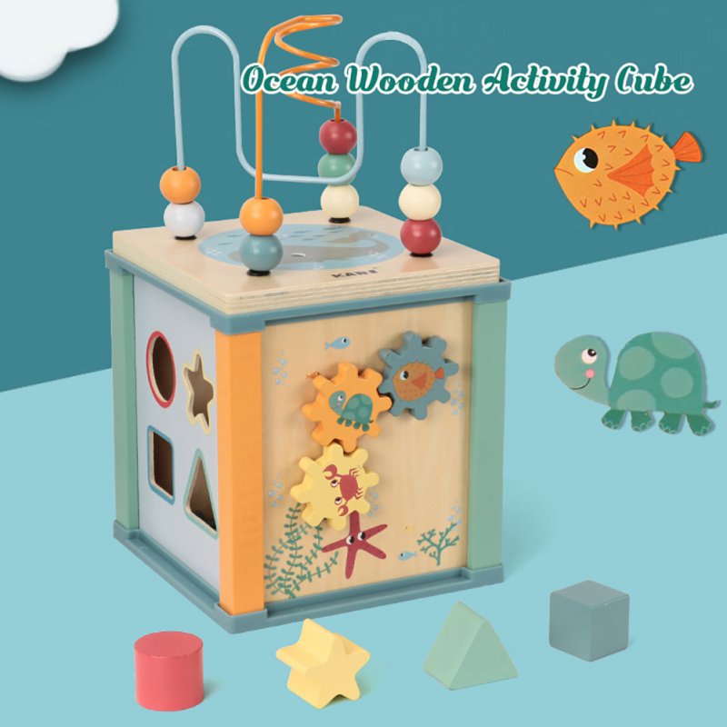 Wooden Activity Cube For Toddlers Ocean Animal Bead Maze Shape Cognition Educational Learning Toys For Boys Girls Birthday Gifts 