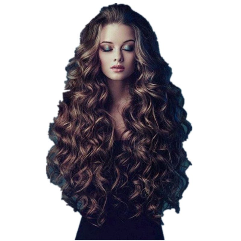 Women Middle Part Long Wavy Wig Natural Heat Resistant Synthetic Curly Wavy Wigs 