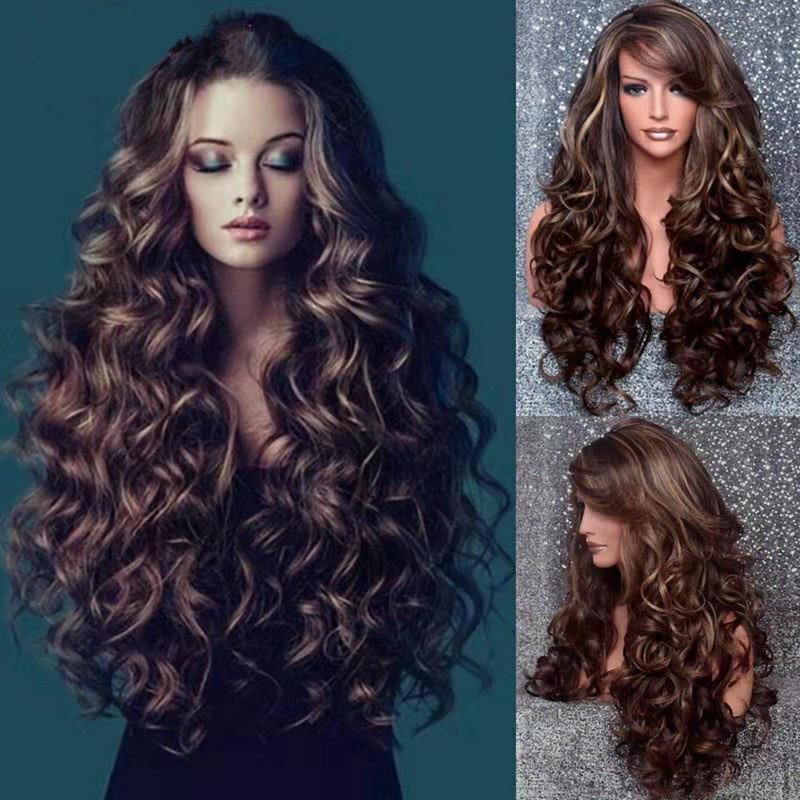 Women Middle Part Long Wavy Wig Natural Heat Resistant Synthetic Curly Wavy Wigs 