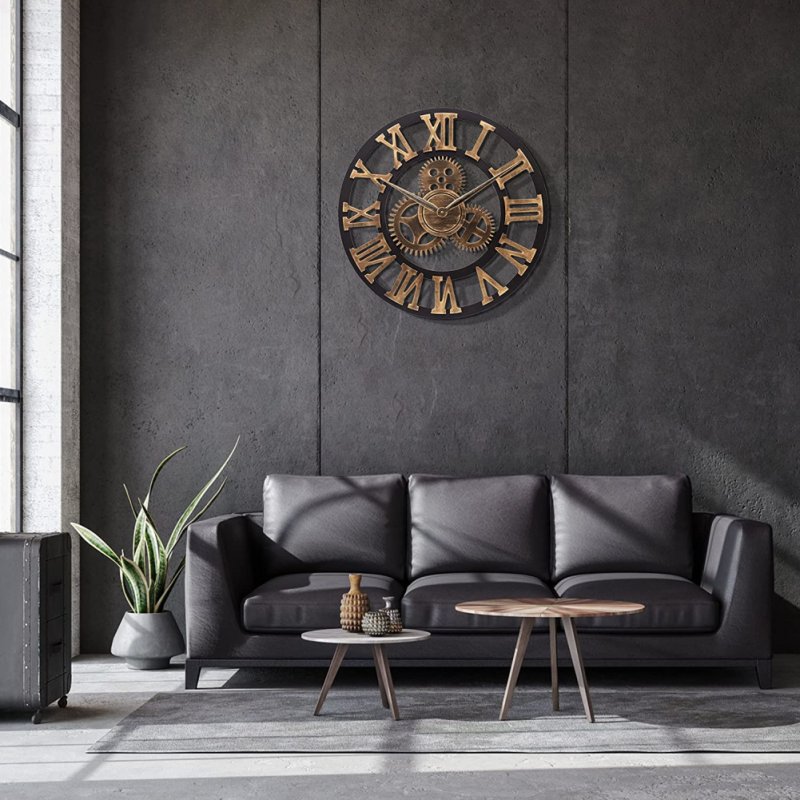 Large Industrial Gear Wall Clock Silent Non-ticking Wood Quartz Clock with Roman Numerals 58cm Gold