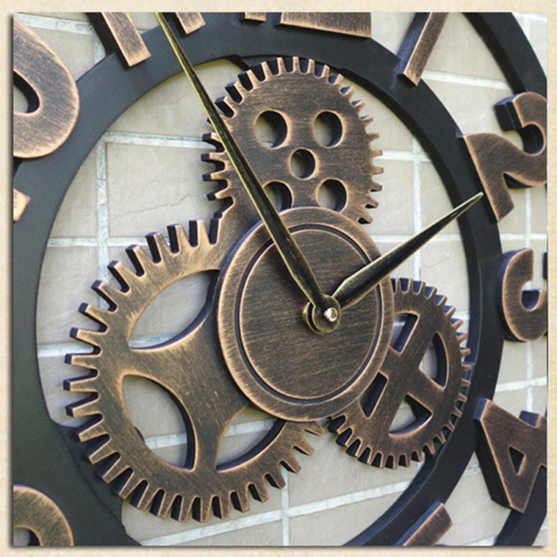 Large Industrial Gear Wall Clock Silent Non-ticking Wood Quartz Clock with Roman Numerals 58cm Gold