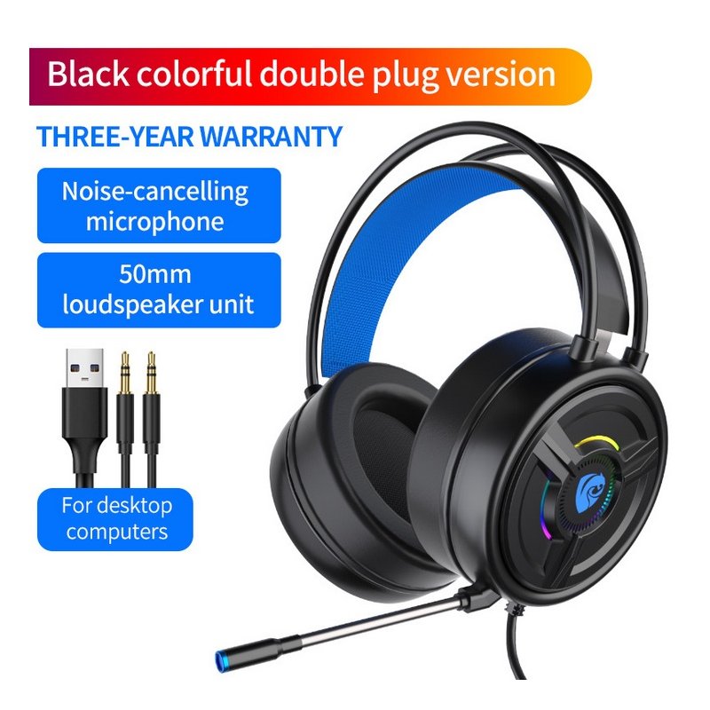 PSH-200 Wired Headset Stereo Sound Noise Reduction Cat Ear-shaped Hifi Colourful Light Headset Black 3.5MM version