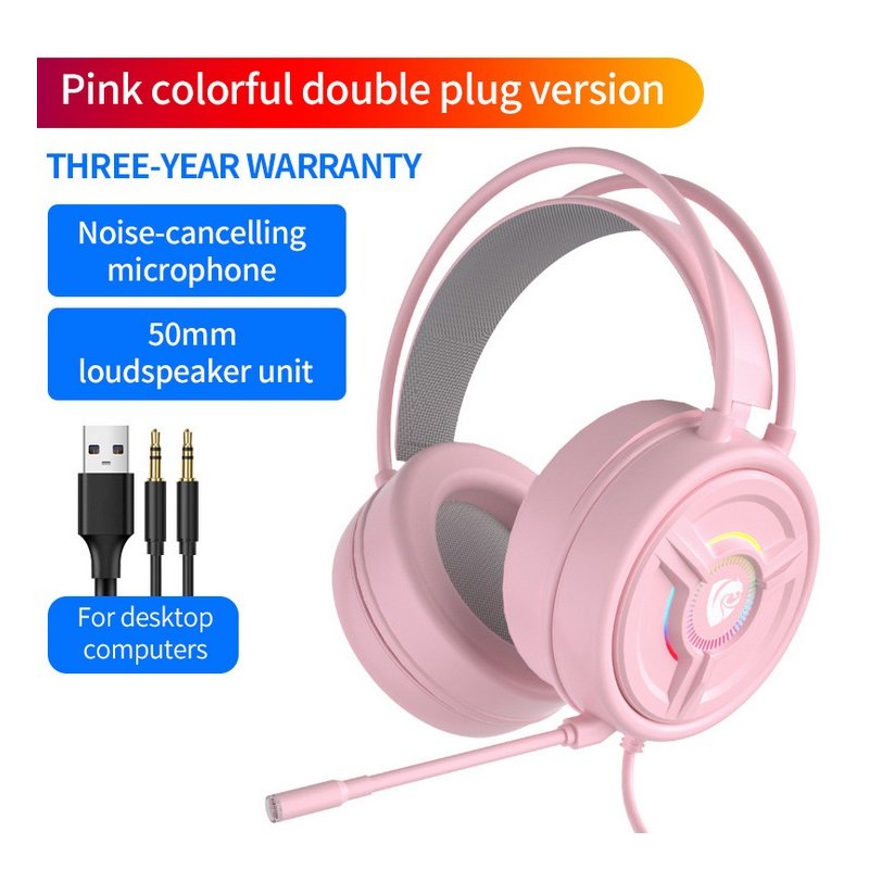 PSH-200 Wired Headset Stereo Sound Noise Reduction Cat Ear-shaped Hifi Colourful Light Headset Pink 3.5MM version