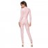 PVC Latex Tights Jumpsuit Wetlook Bodysuit Open Bust Crotchless Faux Leather Catsuit Pink XL